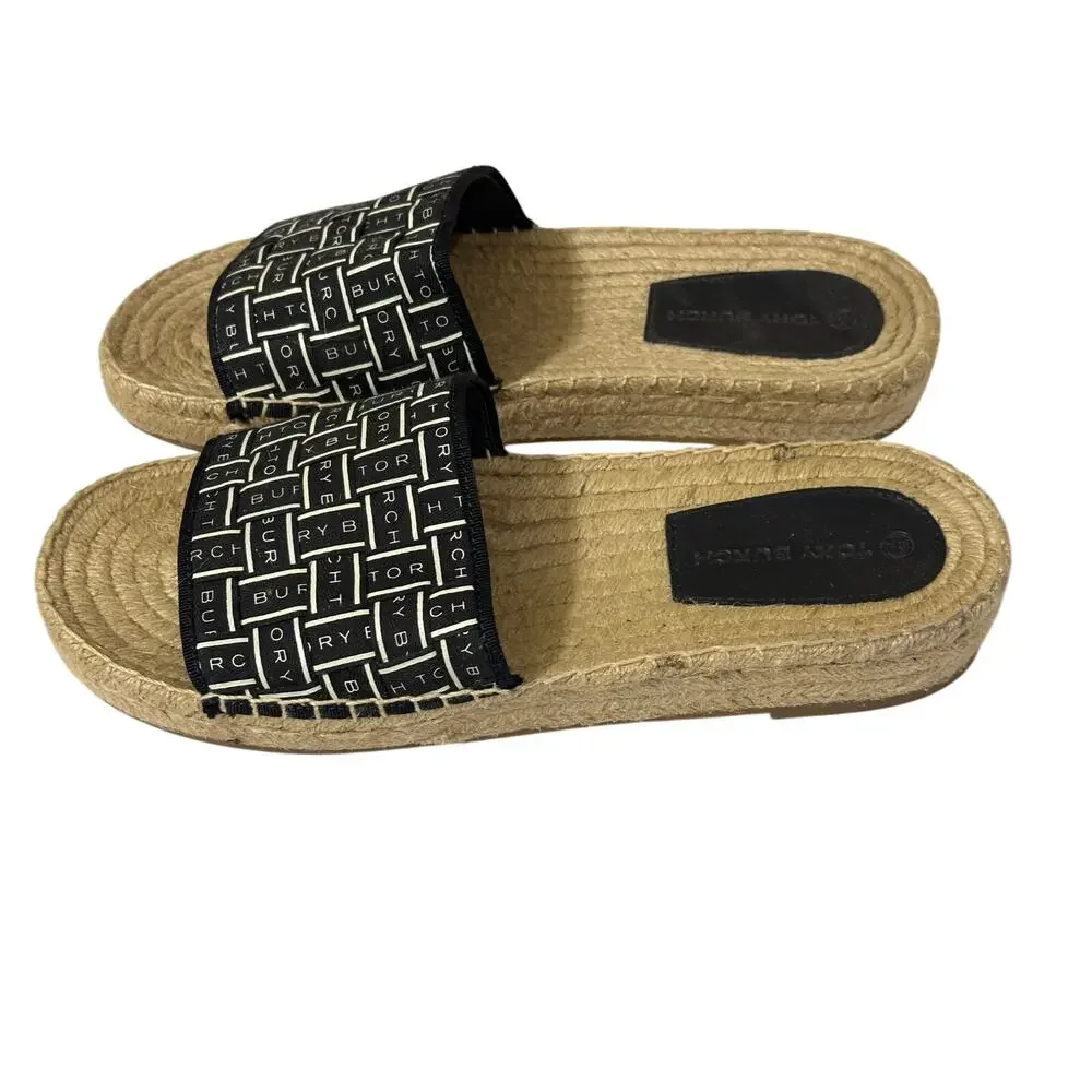 Tory Burch Logo Perfect Navy & White Ribbon Espadrille Herringbone New